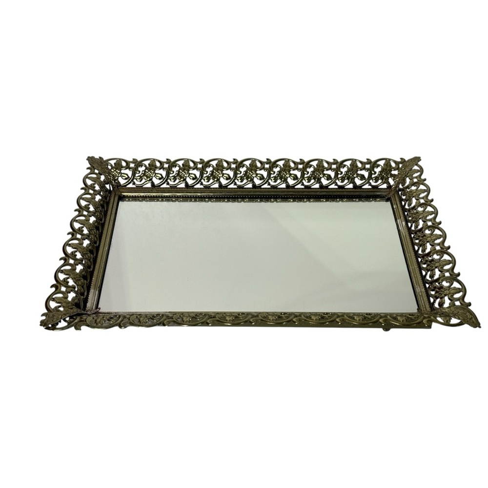 Vintage Vanity Dresser Tray Mirror Filigree Metal Ornate Rectangular Mirror Tray